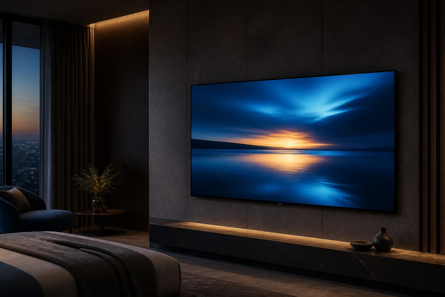 Телевизор Philips с включённым экраном в современном гостиничном номере